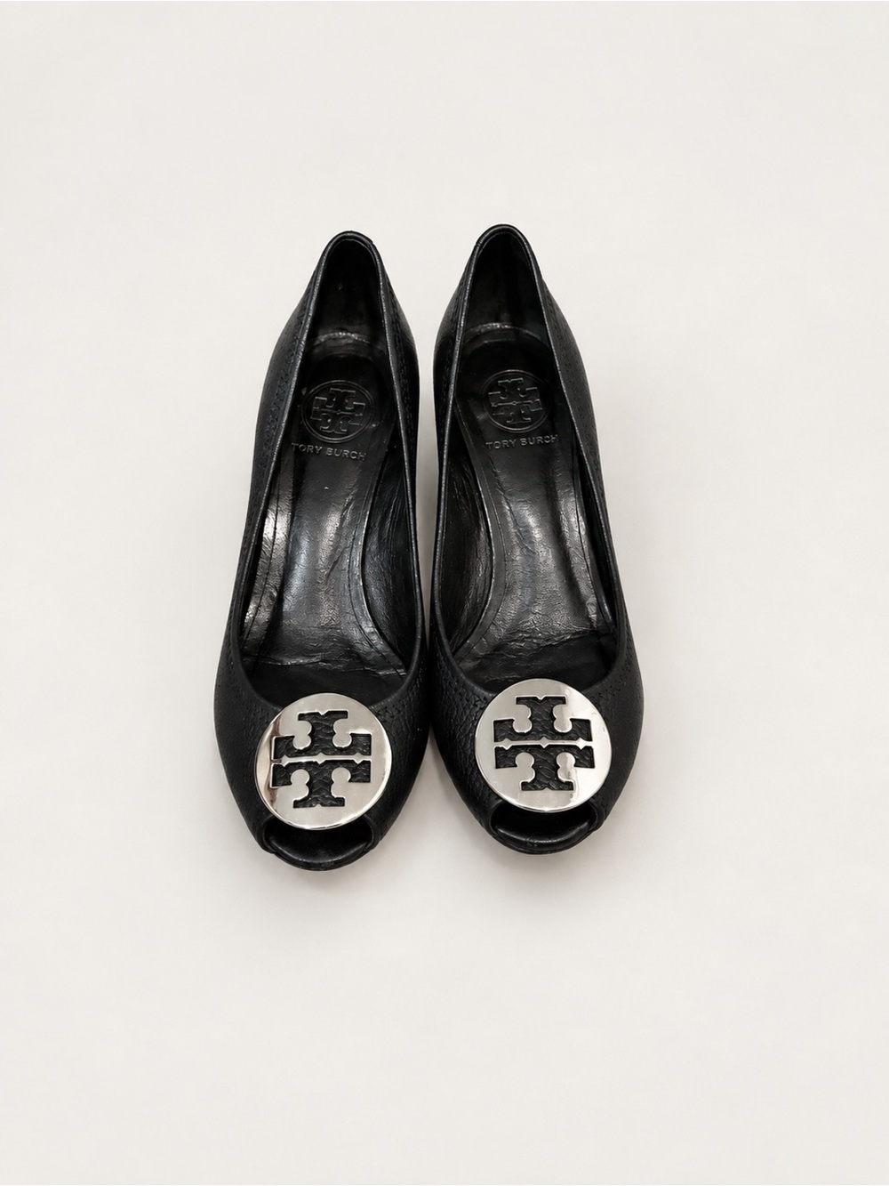 Tory Burch Black Leather Peep-Toe Heels with Silver Logo Medallions